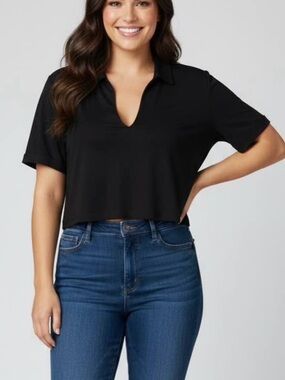 Cropped Black Polo Top with V-Notch - Women